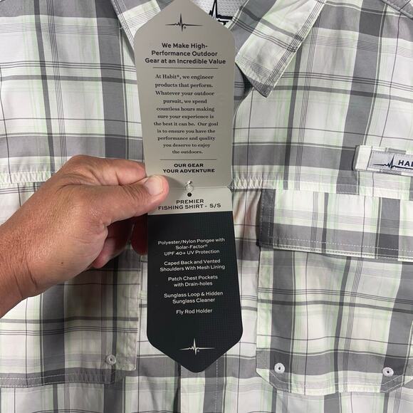 Habit NWT Button Down Fishing Shirt Men's Large Gray/Green Plaid UPF 40+ - Picture 4 of 11